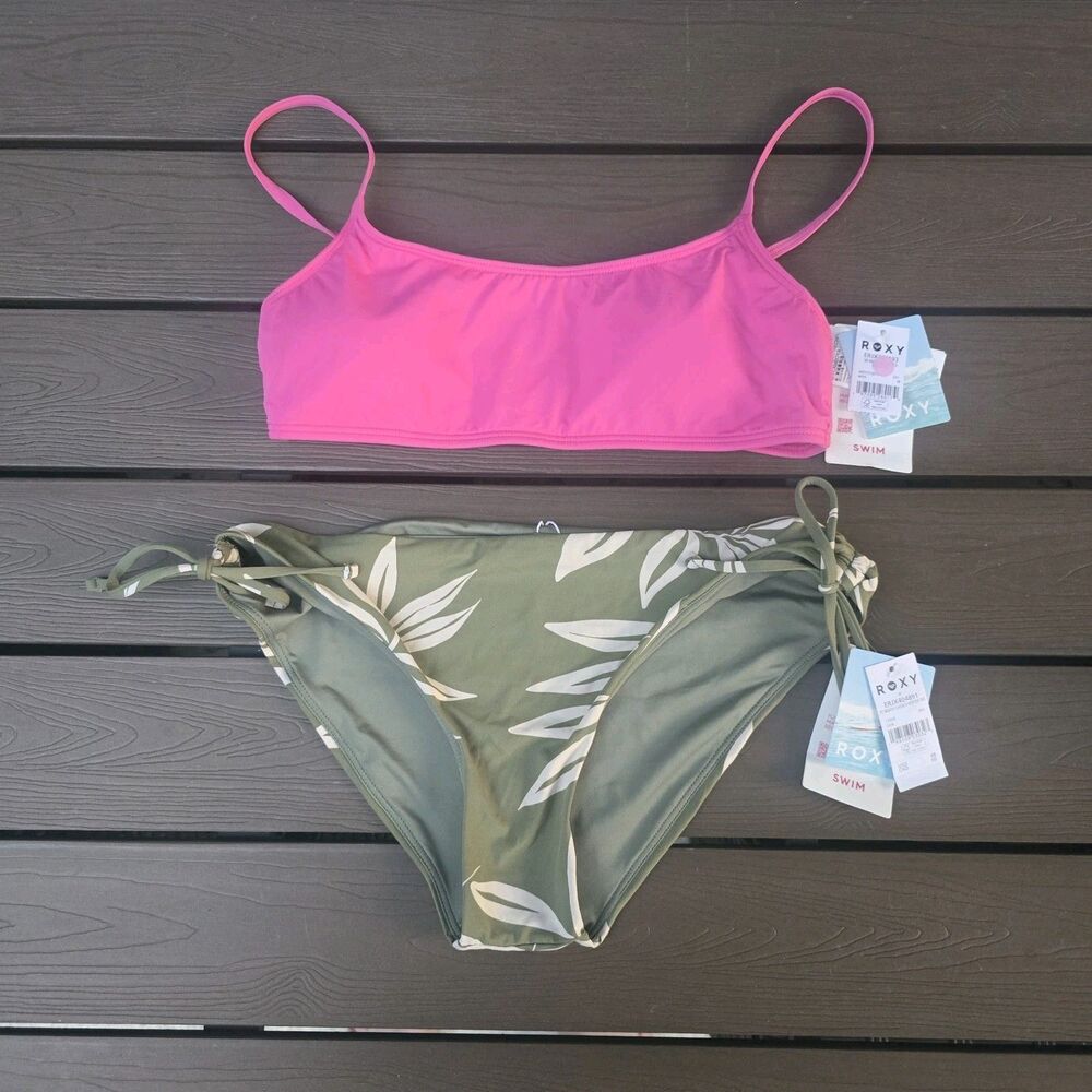 Roxy Women's Pink So Beach Bralette Top & Beach Classic Hipster Bikini Sz M New